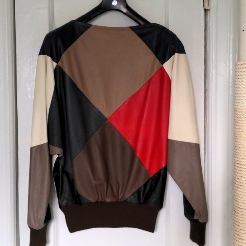Vintage leather top. Custom made. Lined. Color block.  Knit cuffs. Medium EUC